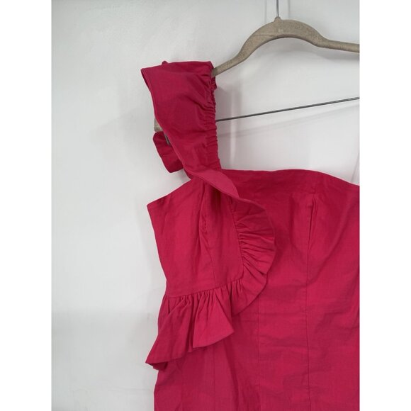 By Anthropologie One-Shoulder Ruffle Linen Column Midi Dress M Pink Preppy - Picture 9 of 11